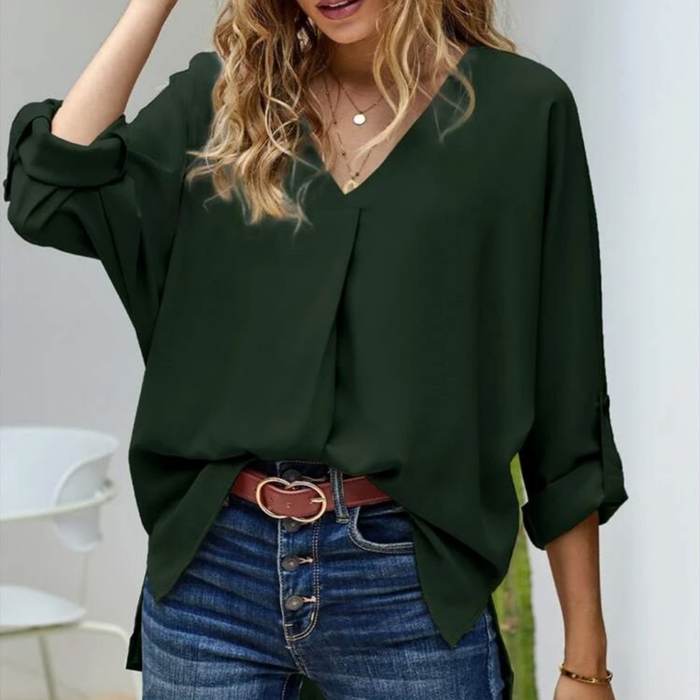 V-Neck Roll Up Sleeve Dip Hem Blouse